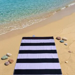 Telo Mare Righe Blu & Bianche – Scritta su Base Rossa