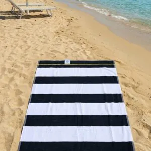 Telo Mare Righe Blu & Bianche – Scritta su Base Gialla