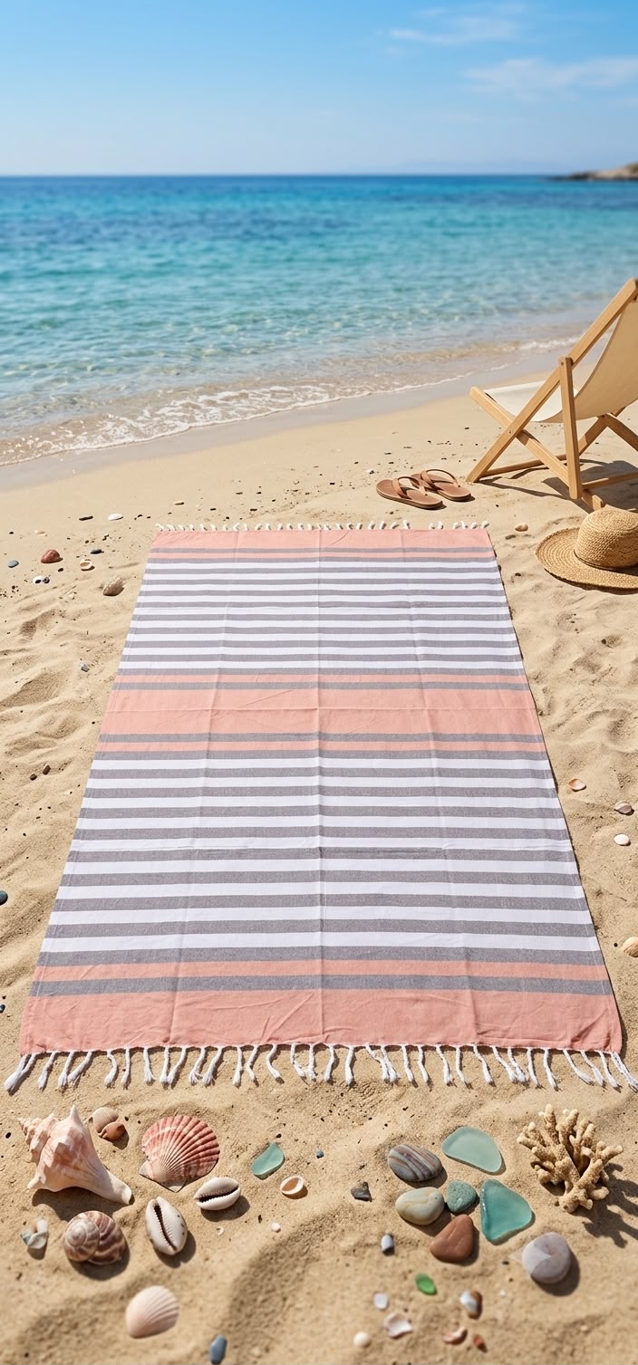 Telo mare in cotone indiano cm 180x100 a righe colore salmone e grigio