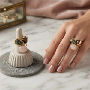 Anello Occhio di Tigre Quarzo Rosa e Agata in argento placcato oro regolabile