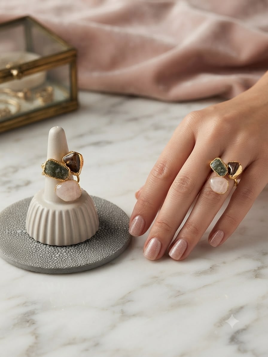 Anello Occhio di Tigre Quarzo Rosa e Agata in argento placcato oro regolabile
