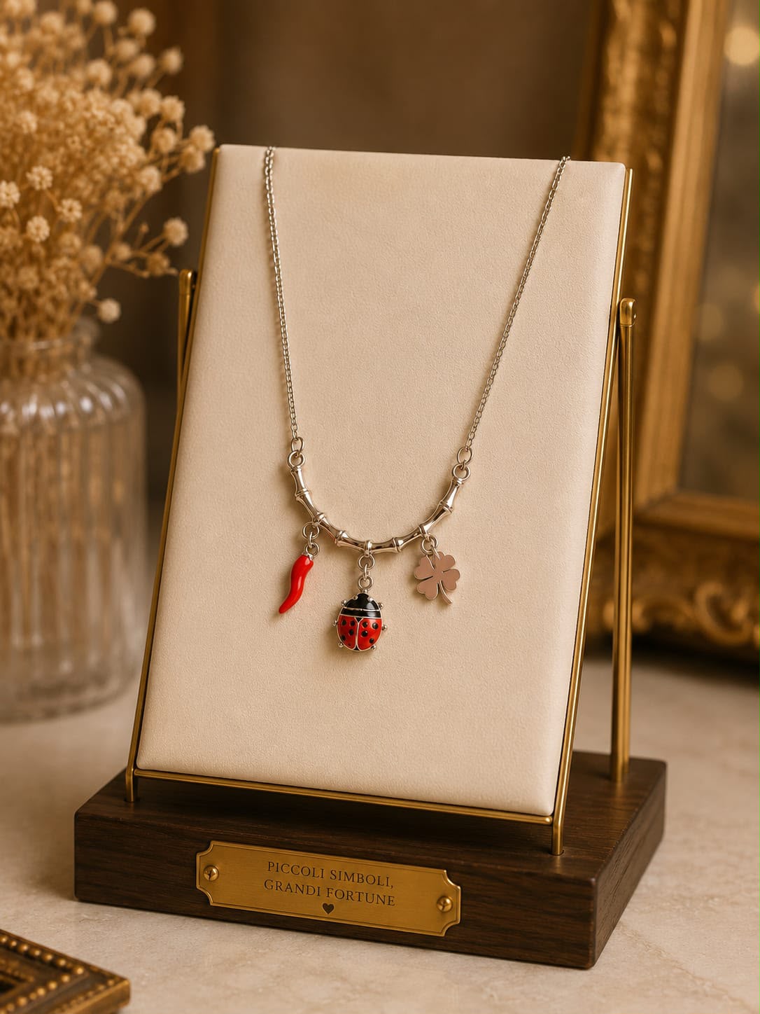 Collana in acciaio con corno rosso, cuore rosso e simbolo delle corna